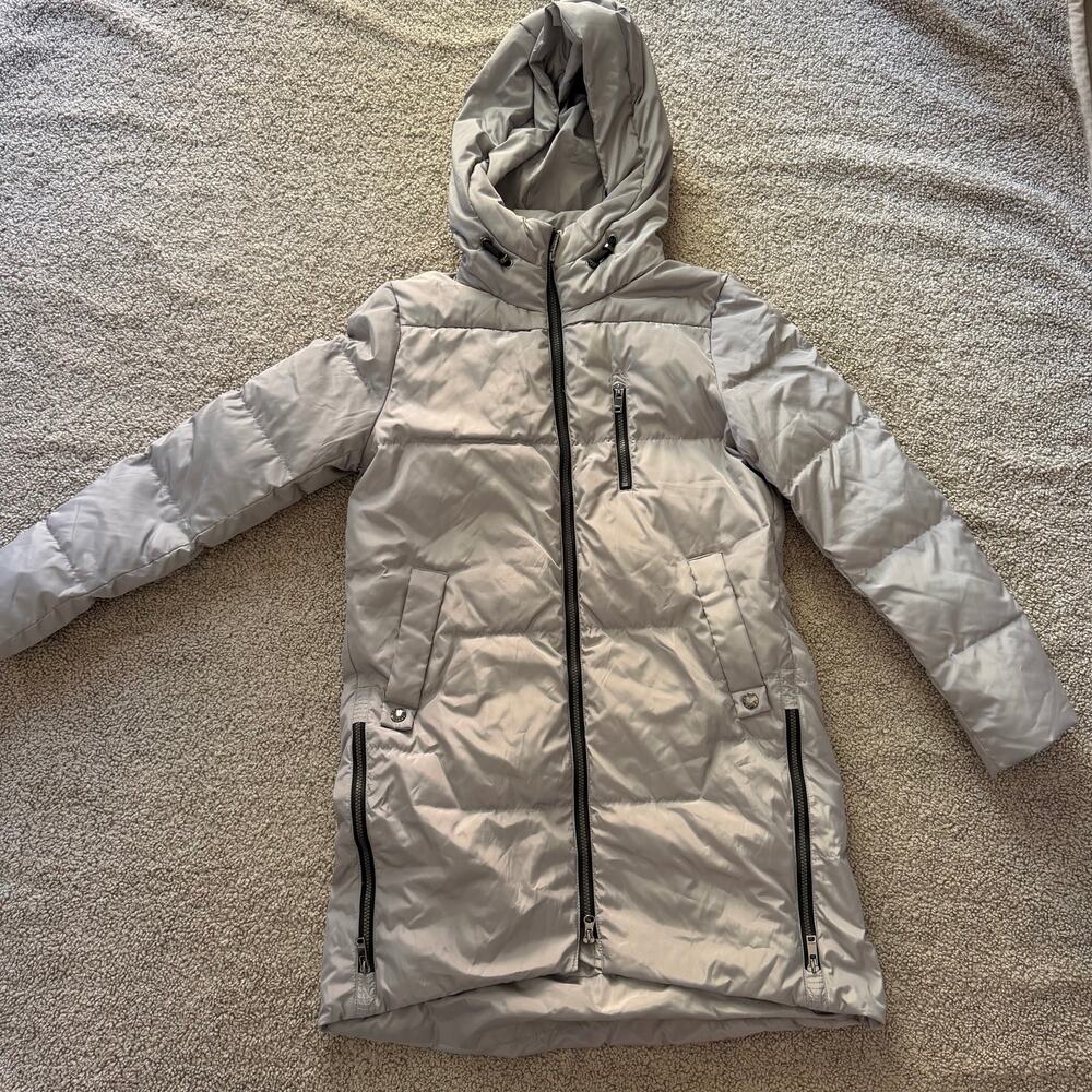 Orolay Women’s Duck Down Puffer Hooded Jacket Two-Way Zipper Gray Sheen Sz Small